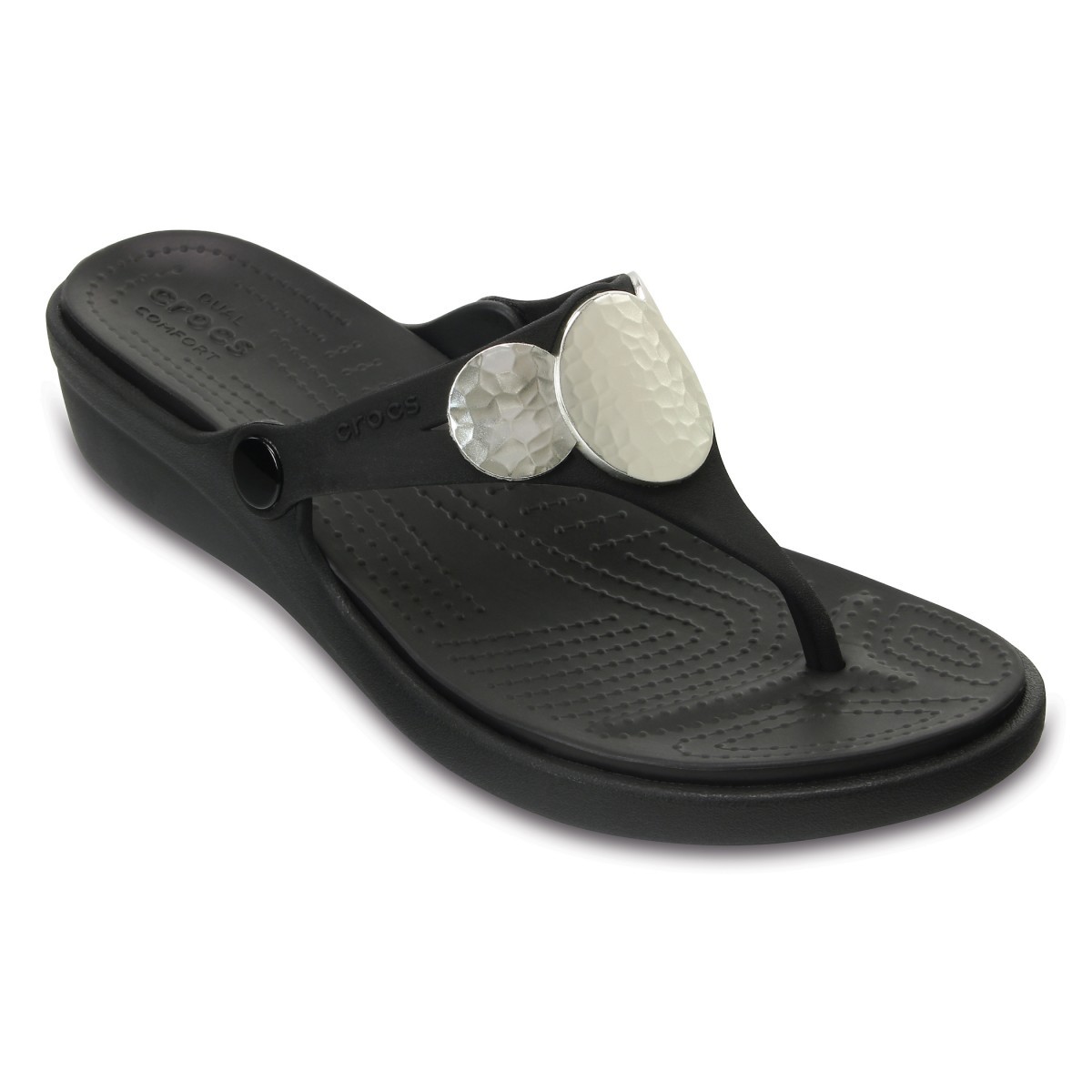 Șlapi Crocs Sanrah Embellished Wedge Flip Negru – Black/Silver Metallic Black/Silver imagine 2022