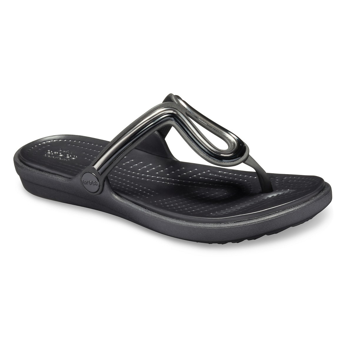 Șlapi Crocs Women\'s Sanrah MetalBlock Flat Flip Negru - Multi Black/Black