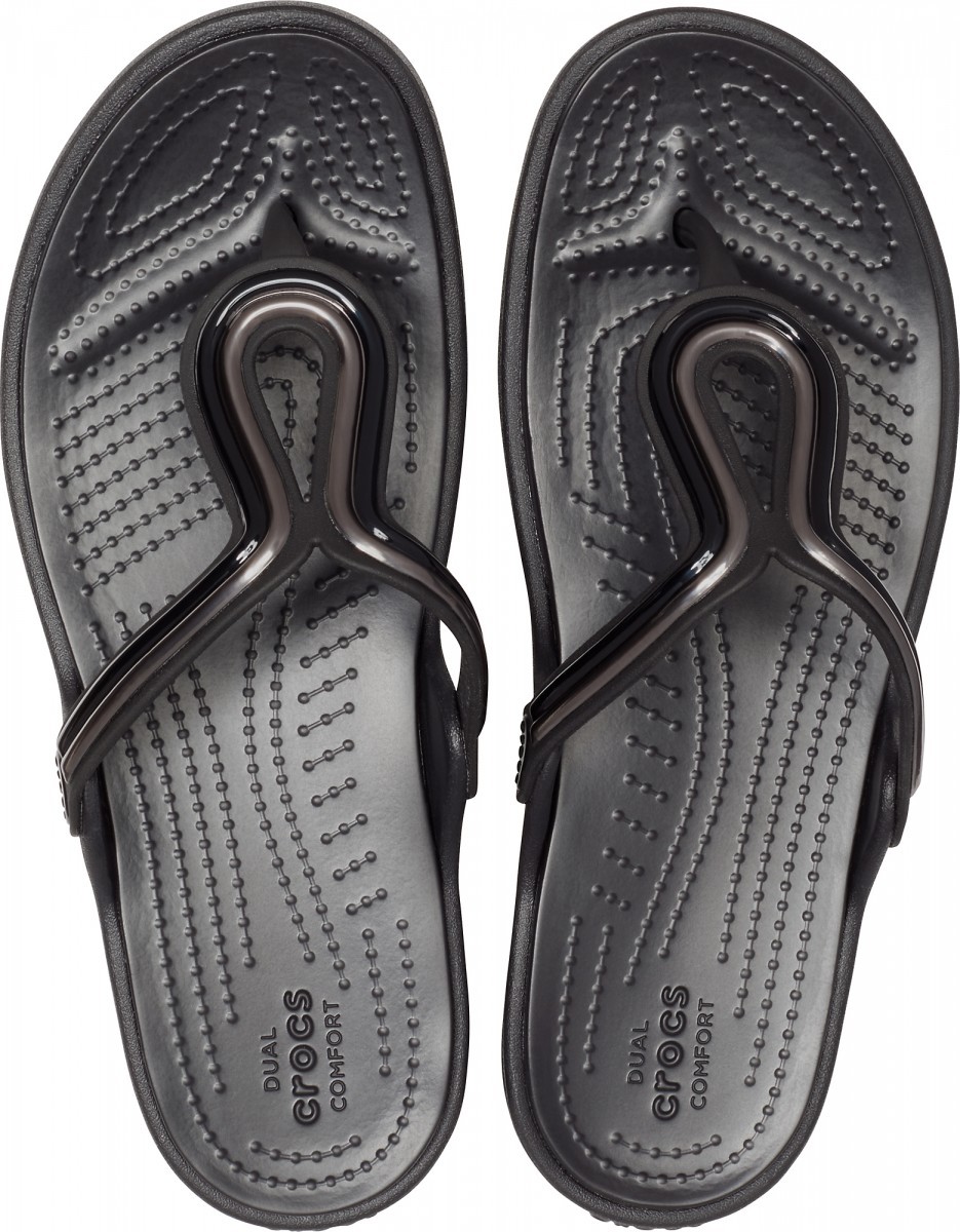 Șlapi Crocs Women\'s Sanrah MetalBlock Flat Flip Negru - Multi Black/Black - 2 | YEO