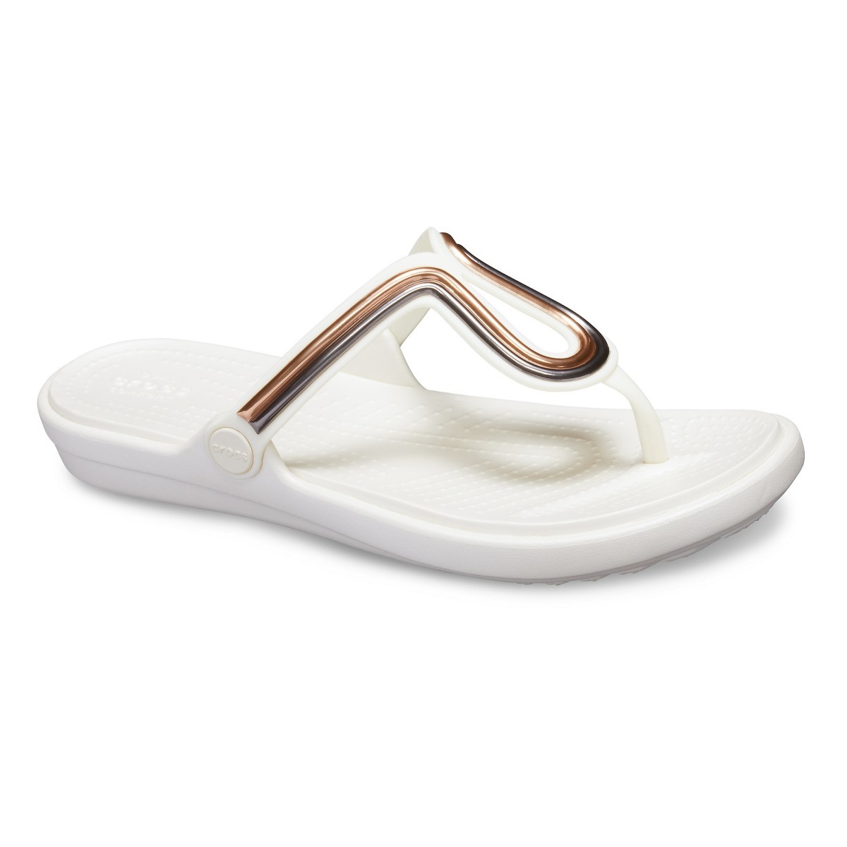 Șlapi crocs women's sanrah metalblock flat flip alb - multi rose gold/oyster