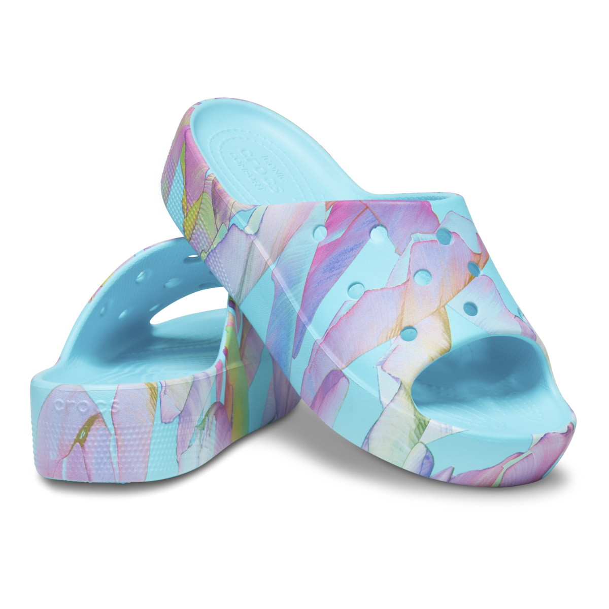 Papuci Crocs Classic Platform Palm Print Slide Albastru deschis - Neptune/Multi - 3 | YEO
